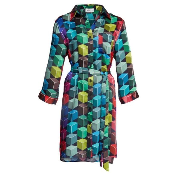 Milly Button-Front 3/4-Sleeve Cube-Print Mini Shirtdress - Picture 1 of 14